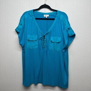 Autograph Women's Mix Media Workwear Casual Blue Lace Up Relaxed Top Sz 20 Flaw